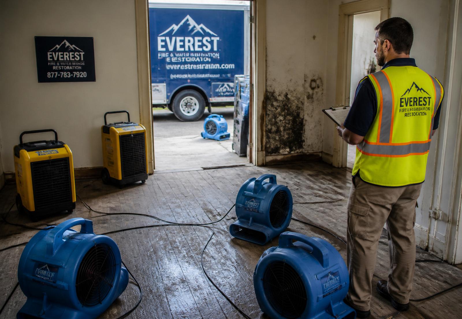 Restoration technician with clipboard beside drying fans, dehumidifiers, and a service truck at a water-damaged jobsite
